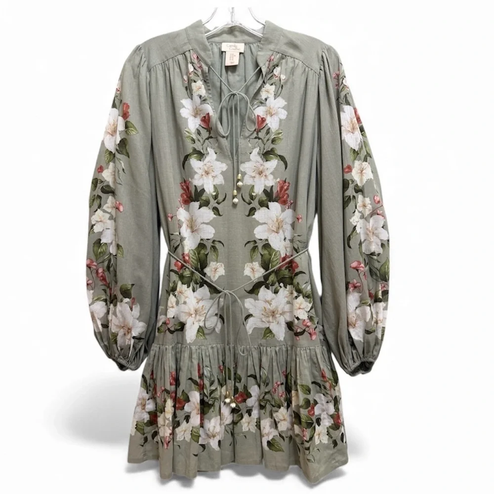 Camila Coelho Floral Mini Dress Blouson Sleeve Waist Tie Size Sage Green Size XS - Picture 11 of 11